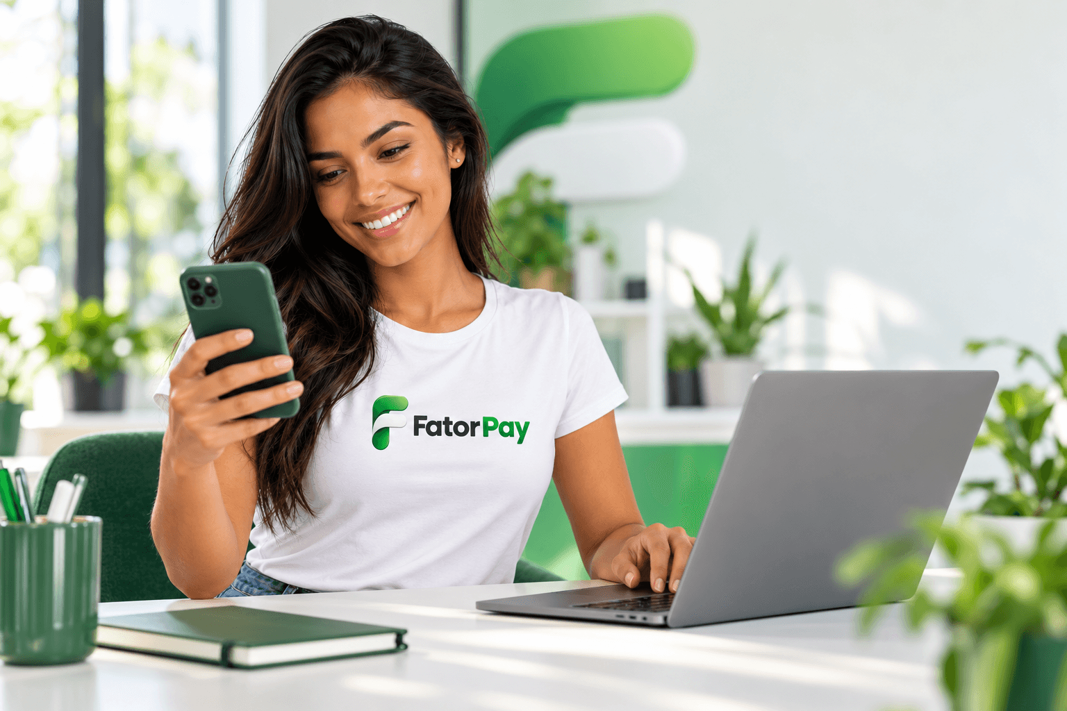 Empreendedora acompanhando vendas pelo celular e notebook
